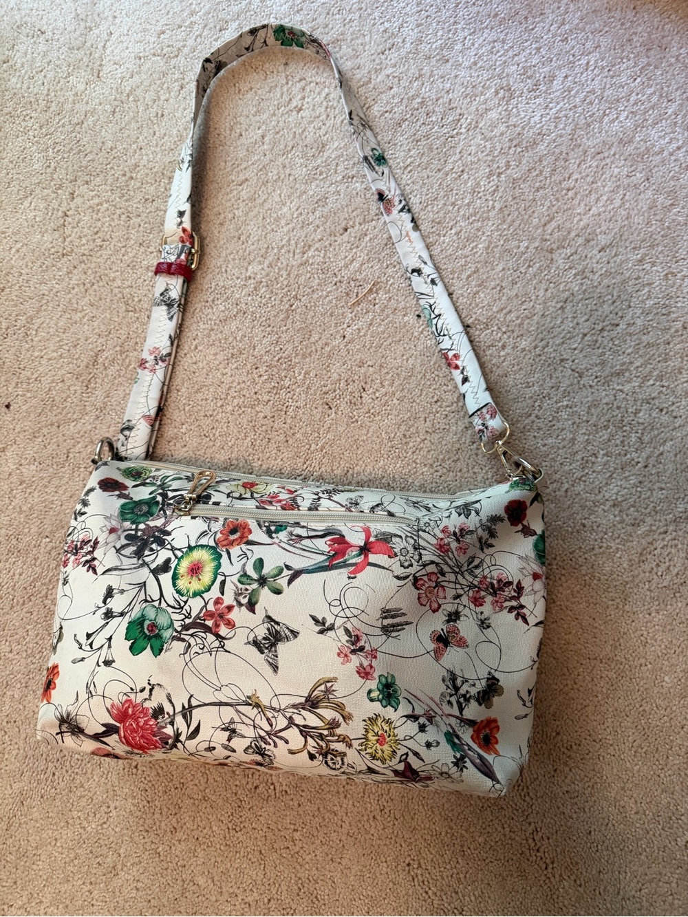 Floral Botanical Print Crossbody Bag — Cream with Red, Green & Pink Florals